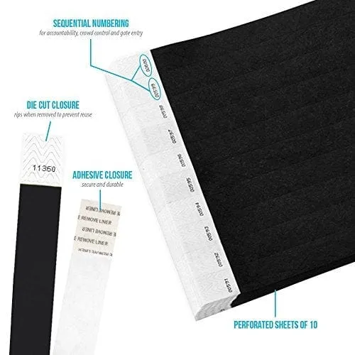 WristCo Black 3/4" Tyvek Wristbands - 500 Pack Paper Wristbands for Events