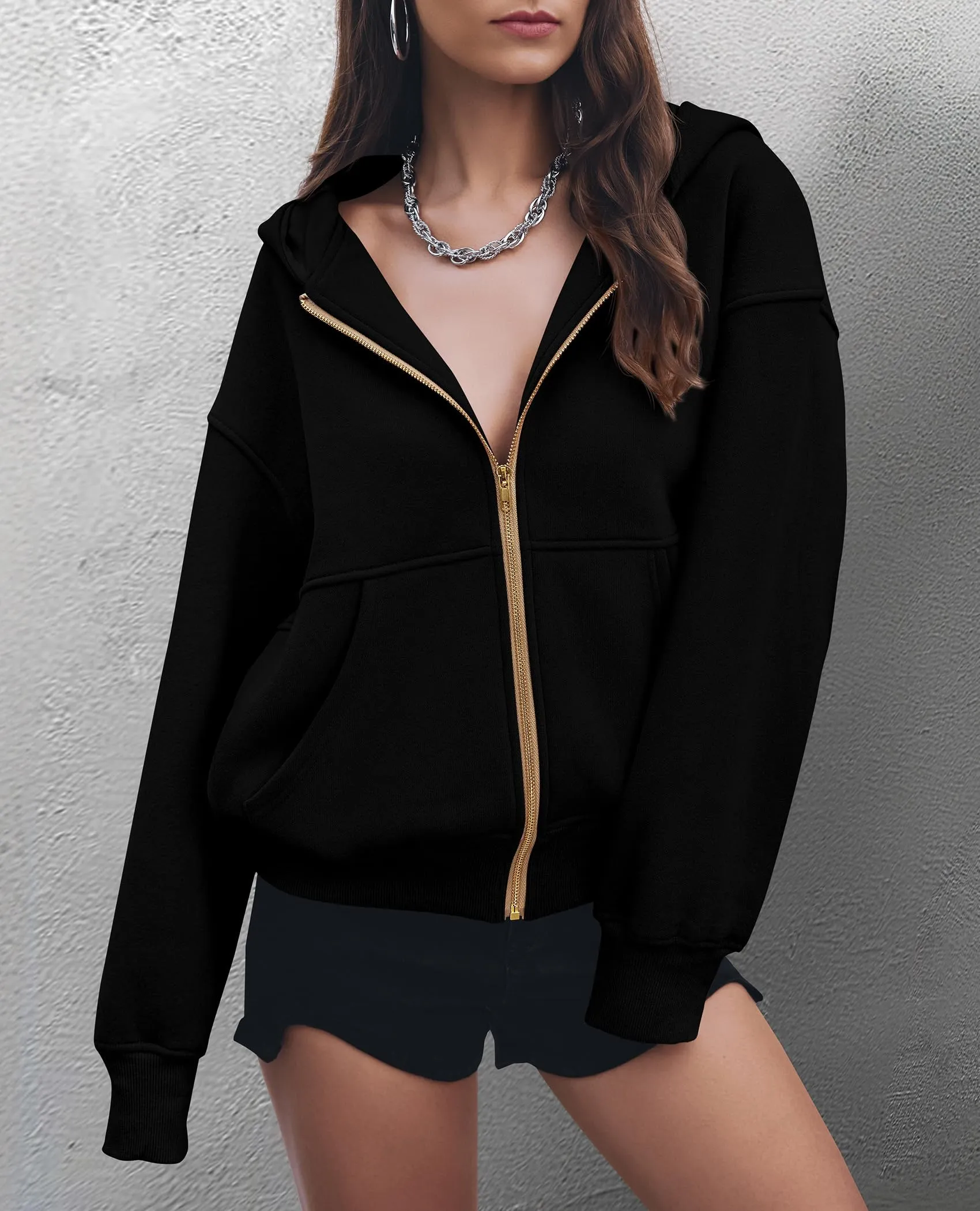 Y2K Zip Up Hoodie Long Sleeve Loose Fit Pockets Casual Sweatshirt